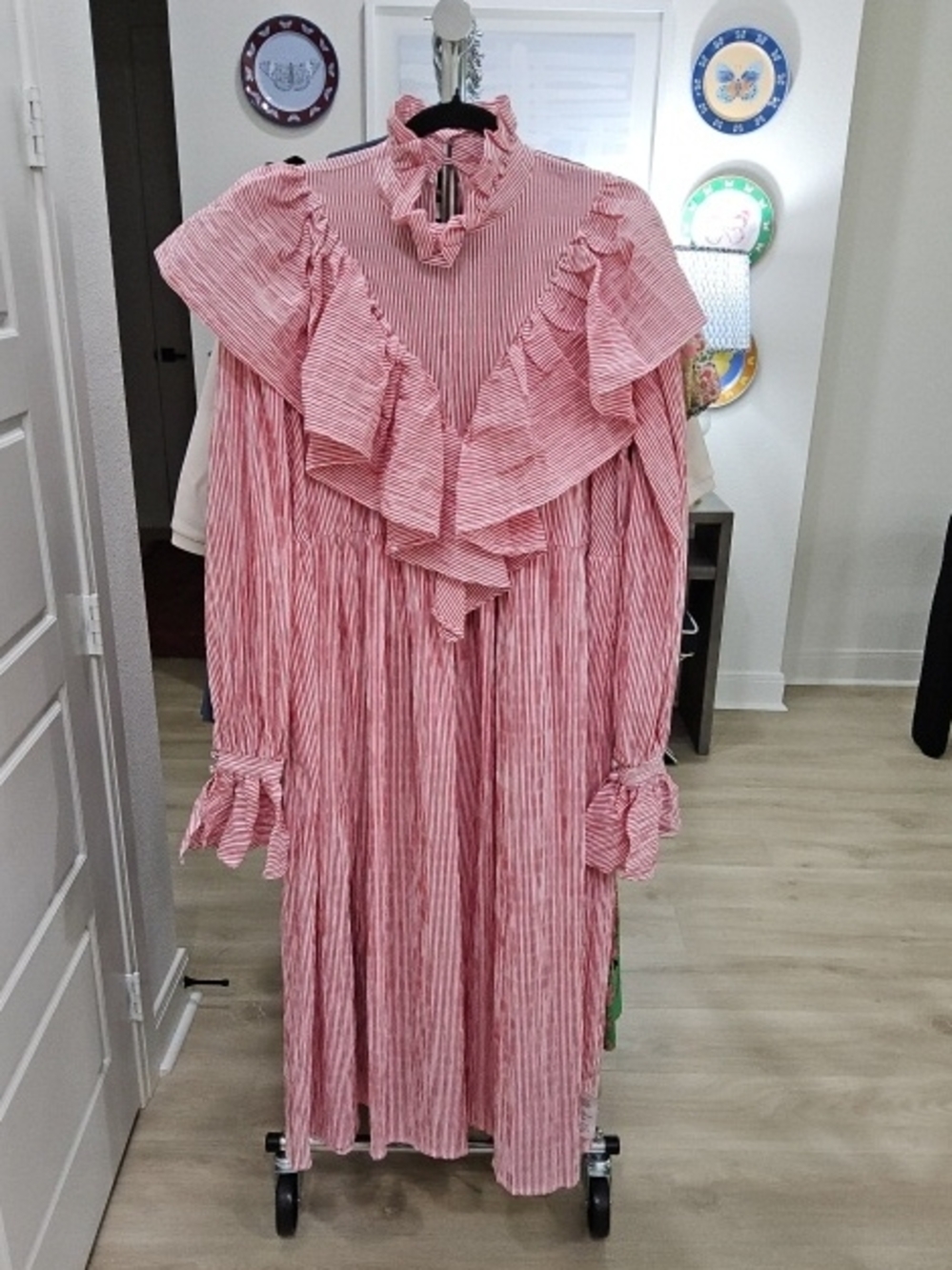 ASOS Pink and White Striped Ruffle Maxi Dress
